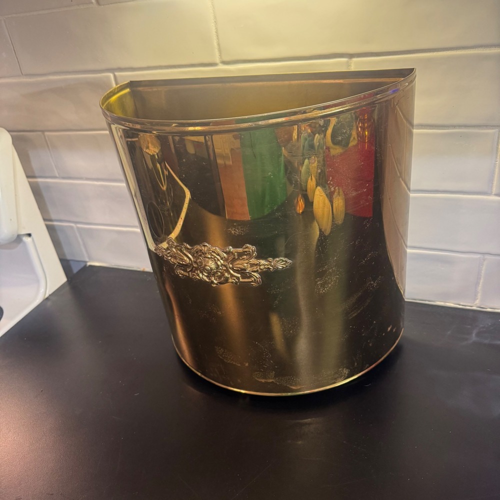 Vintage Brass Wastebasket Trash Can Gold Half Moon Ornate Crest Detail 12in